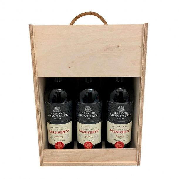 Wooden box for 6 bottles of wine with carrying handle