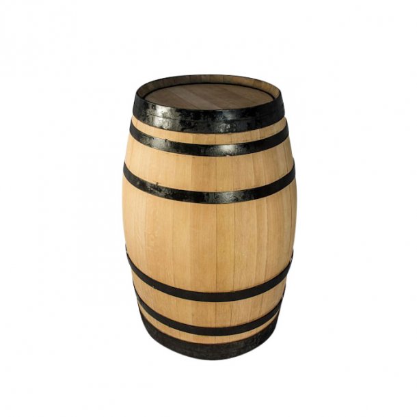 Refurbished wine barrel with black hoops