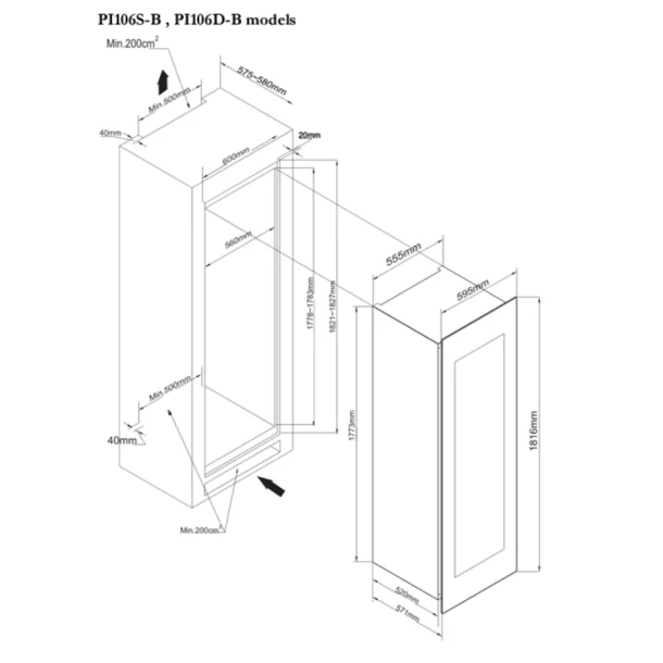 Pevino Majestic 101 flasker - 2 zoner - Sort glasfront - Integrerbart 
