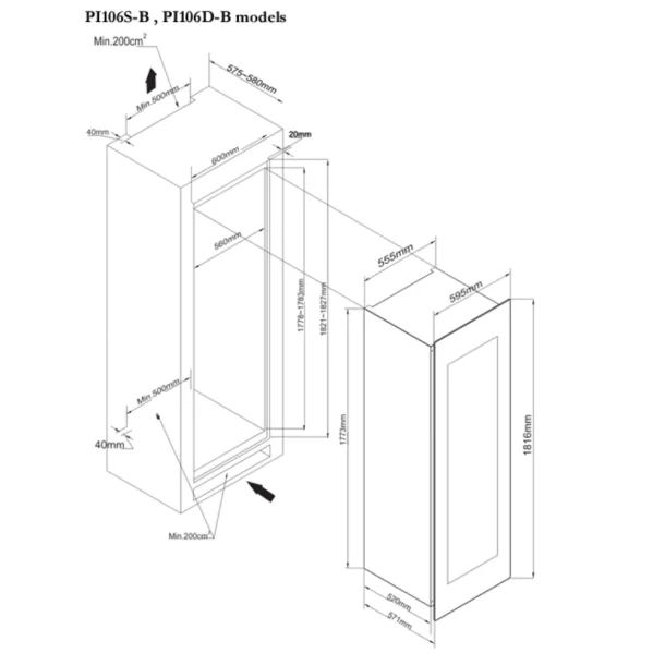 Pevino Majestic 107 flasker - 1 zone - Sort glasfront - Integrerbart 