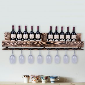24 inch,Style A Industrial Wall Mounted Wine Rack,3-Tier Wood Shelf,Wine Bottle with 4 Stemware Glass Rack,Mugs Racks,Bottle & Glass Holder,Display Racks,Home & Kitchen Décor,Black 